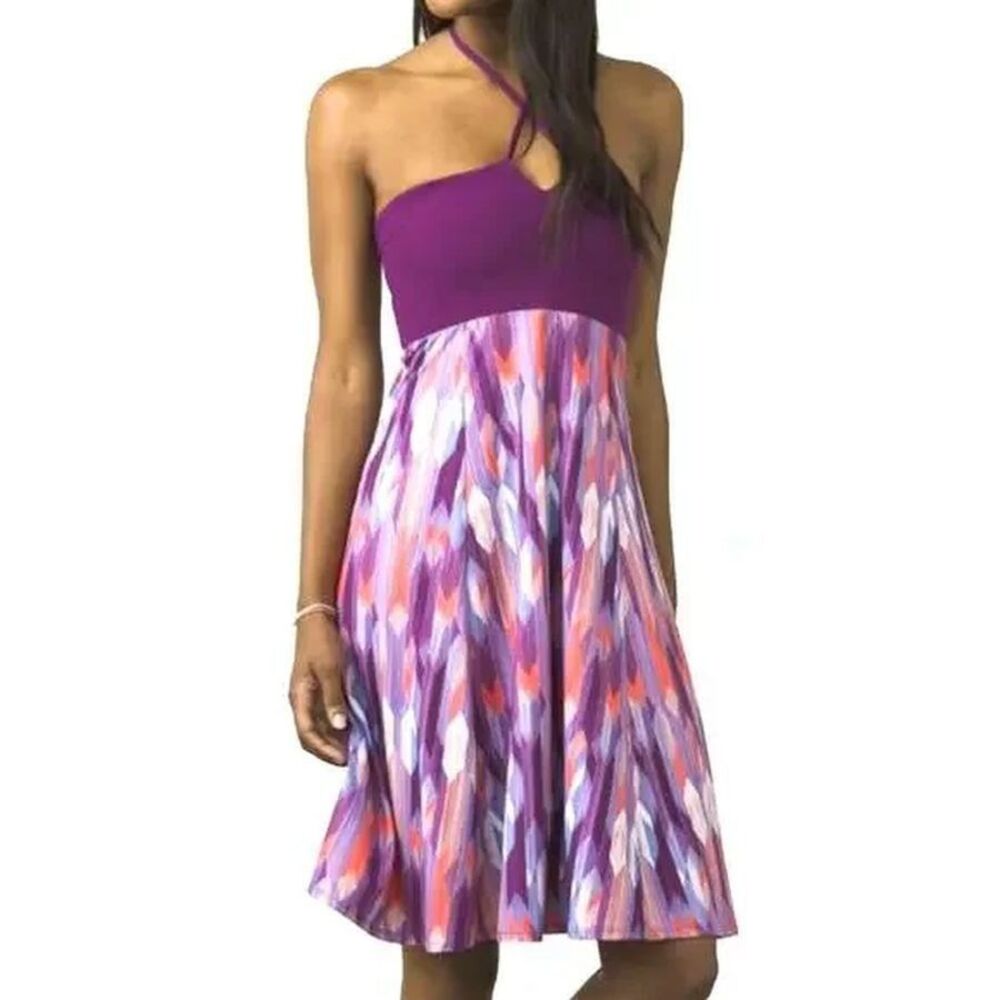 Prana Women's XS Solana Grapevine Gemstone Halter A-Line‎ Dress Purple EUC